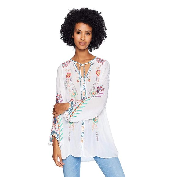 Johnny Was Women's Rayon Tie Neck 3/4 Sleeve Relaxed Embroidered Blouse